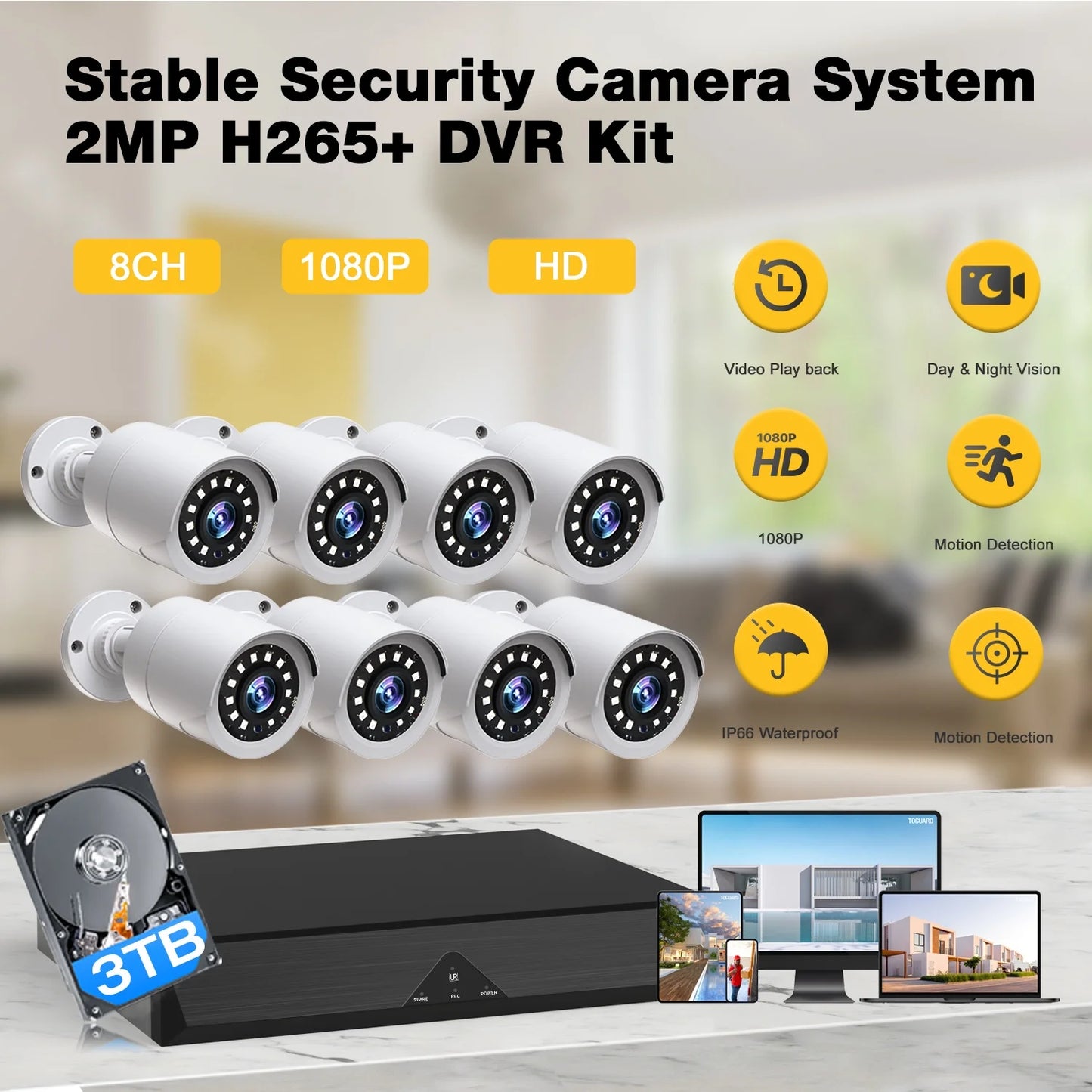 SC35 8CH Wired Security Camera System Outdoor with 3TB Hard Drive 8Pcs 1080P Bullet Surveillance Cameras HDMI Connector