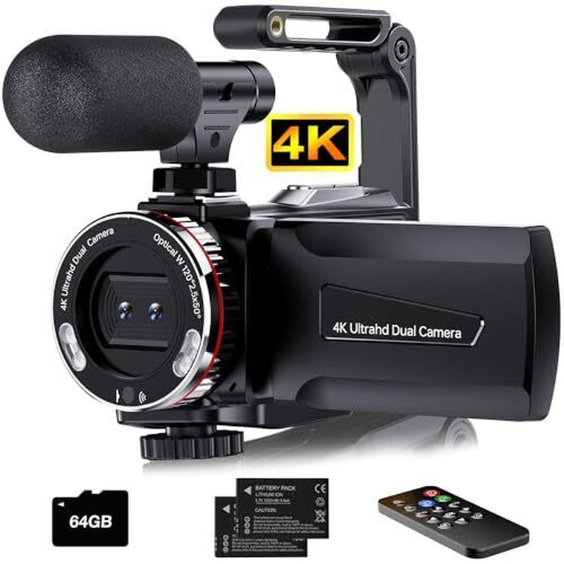 4K Video Camera Camcorder, 64MP UHD Vlogging Dual Camera for Youtube, 21X