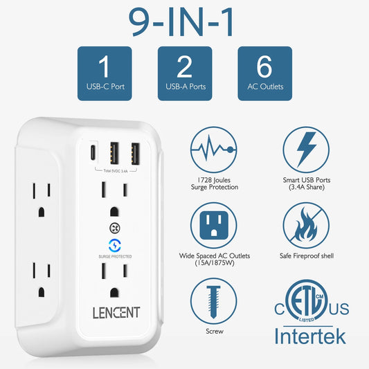 Usb Wall Plug Outlet Adapter,Multi 6 Way Outlet Extender with PD 20W Type-C & 2 USB Ports Surge Protector Electrical Charger Outlet Expander Wall Tap for Home