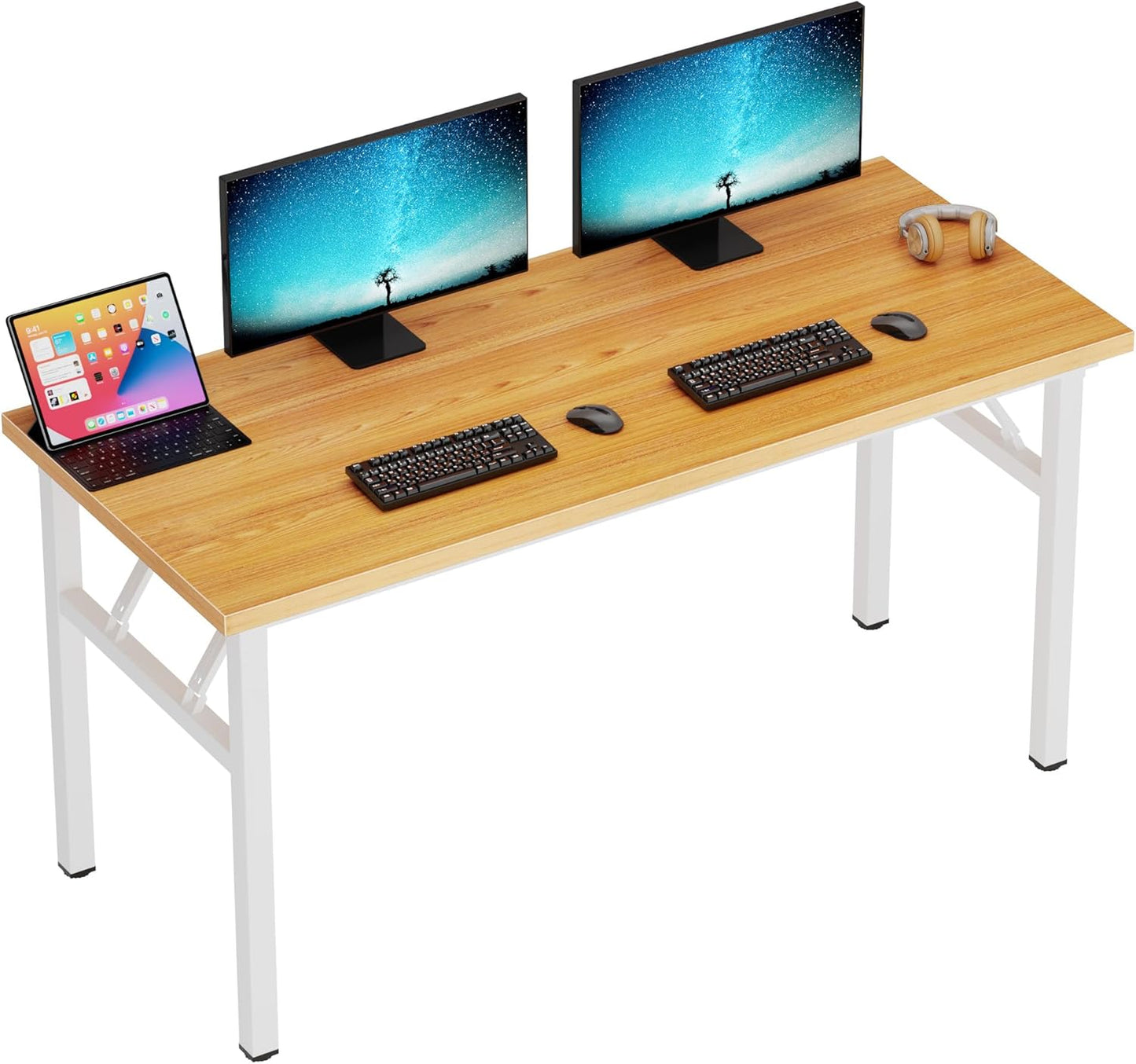 Computer Desk 62 Inches Office Desk Computer Table Study Writing Desk Workstation for Home Office Metal Frame Teak and White