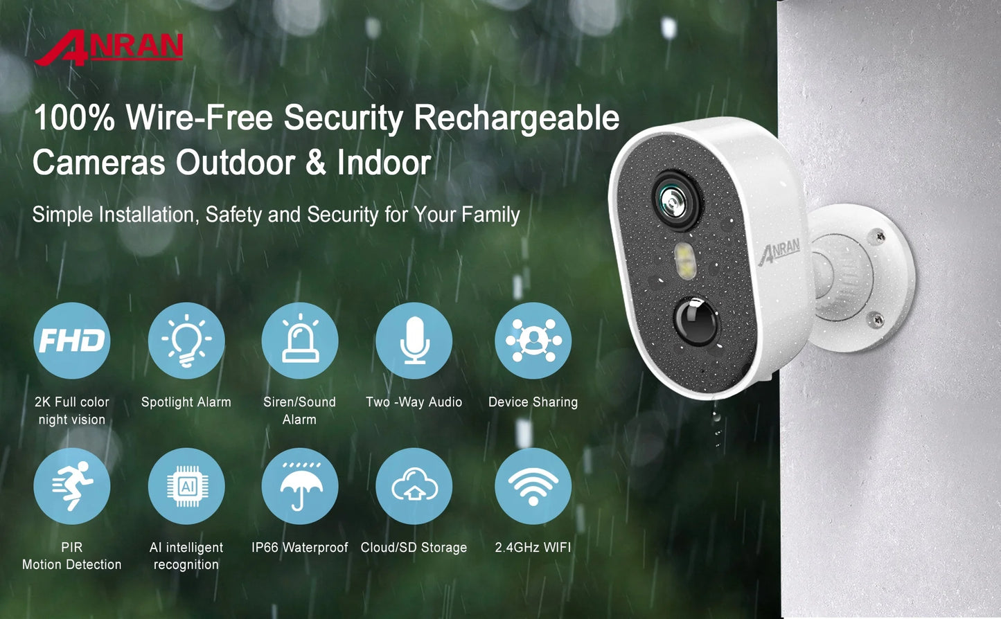2K Wireless Outdoor Solar Security Camera with Spotlight, Waterproof PIR Detection, 2.4Ghz Wi-Fi, Rechargeable Battery Powered Home Surveillance Camera with Color Night Vision, 2-Way Audio