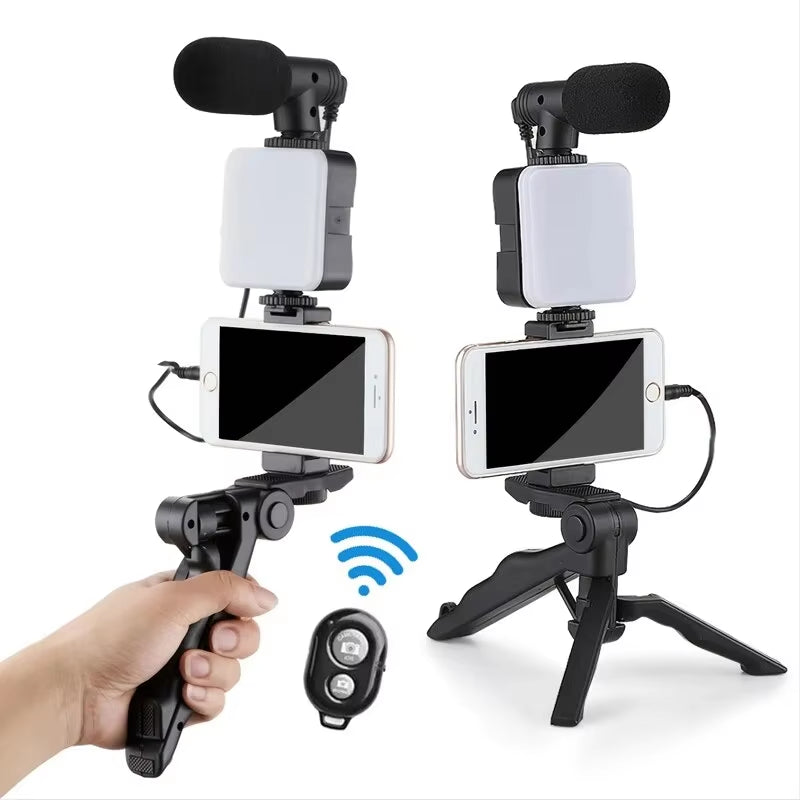 Smartphone Vlogging Kit: Tripod, Phone Holder, Mini Microphone, and LED Fill Light for TikTok Live Streaming and YouTube Videos