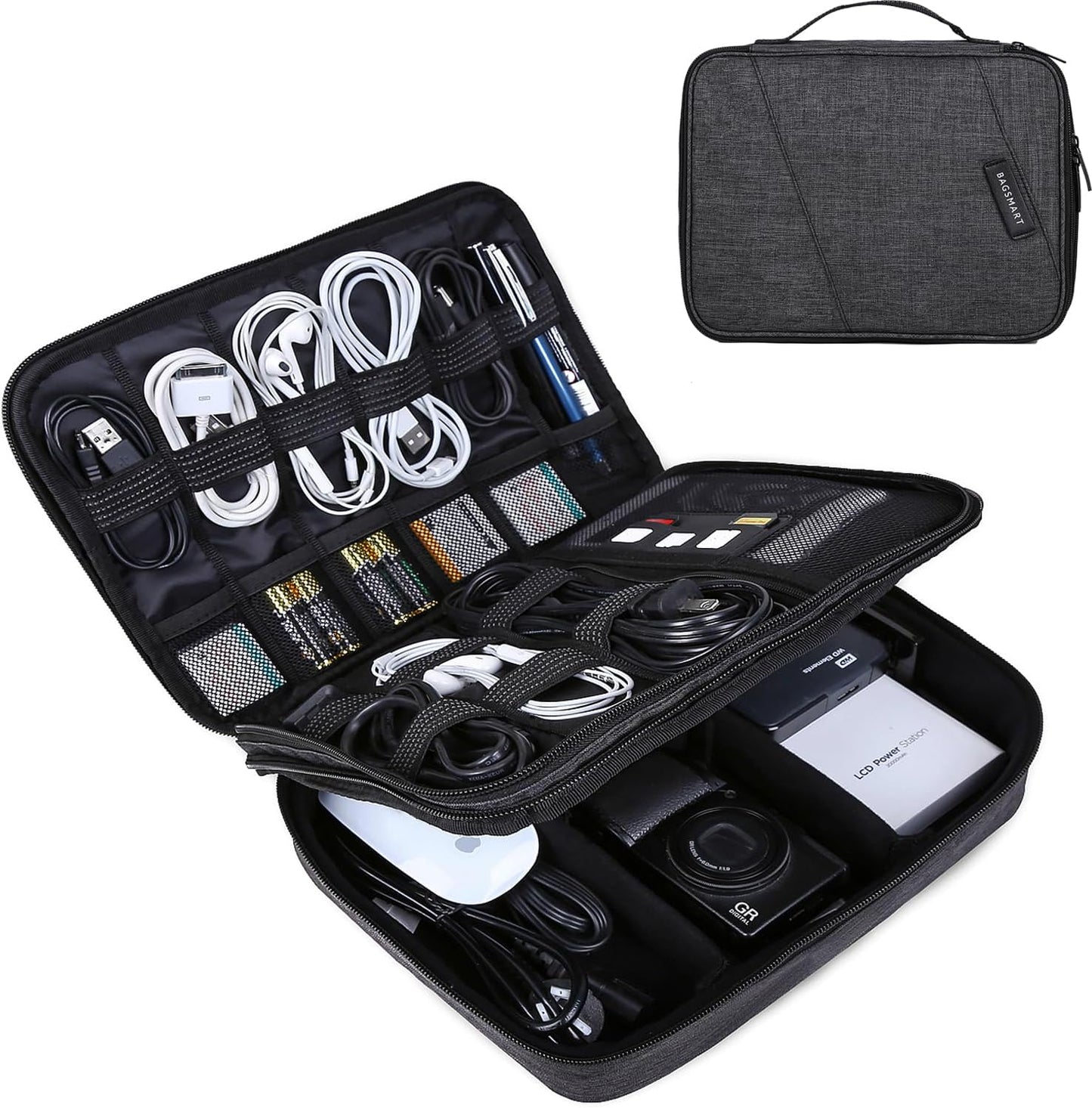 Electronic Organizer, Accessories Organizer Travel Double Layer Electronics Bag Large for 10.5 Inch Ipad Pro, Adapter, Cables, Black