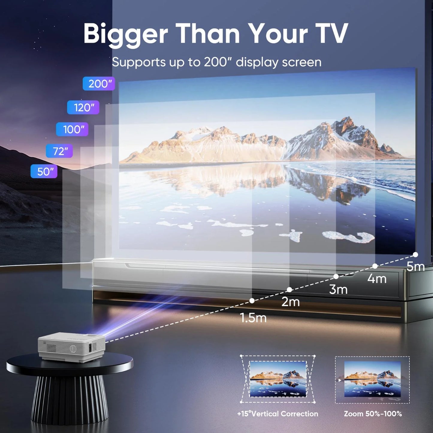 DR.J Professional Mini Projector with Bluetooth 5.2 and Screen, 8000L HD 1080P Projector, 200" Screen Supported