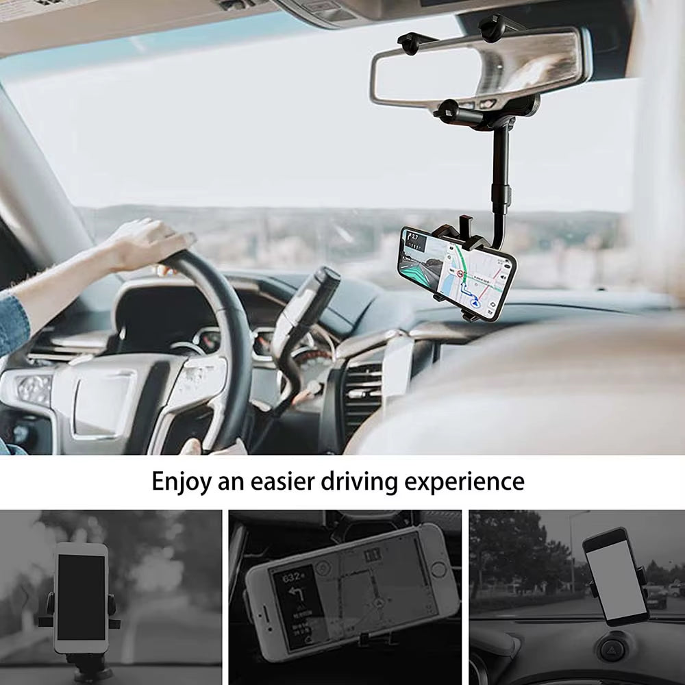 360-Degree Rotating Car Phone Holder for Rearview Mirror - Multifunctional GPS Navigation Support