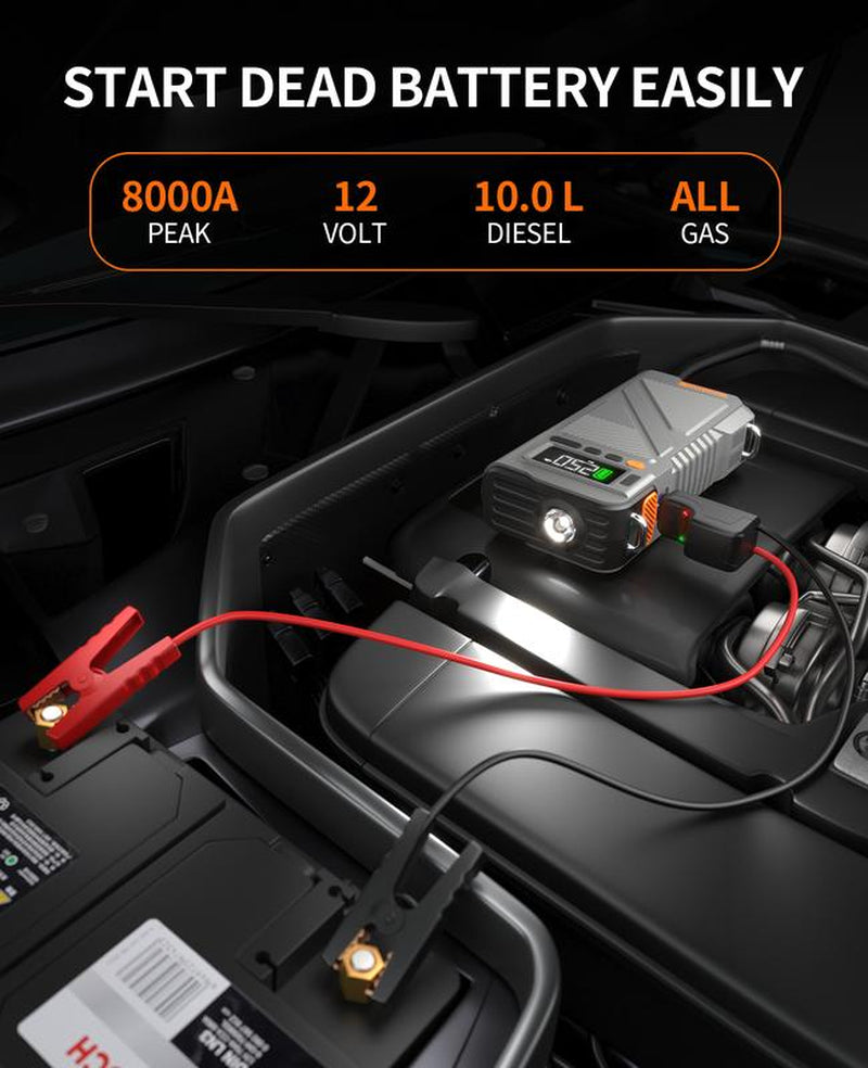 8000A Car Jump Starter with Air Compressor, Car Battery Jumper Starter Portable Jump Box Combo 150PSI Tire Inflator, 12V Vehicle Jump Booster Pack with Extended Jumper Cable 8000 A