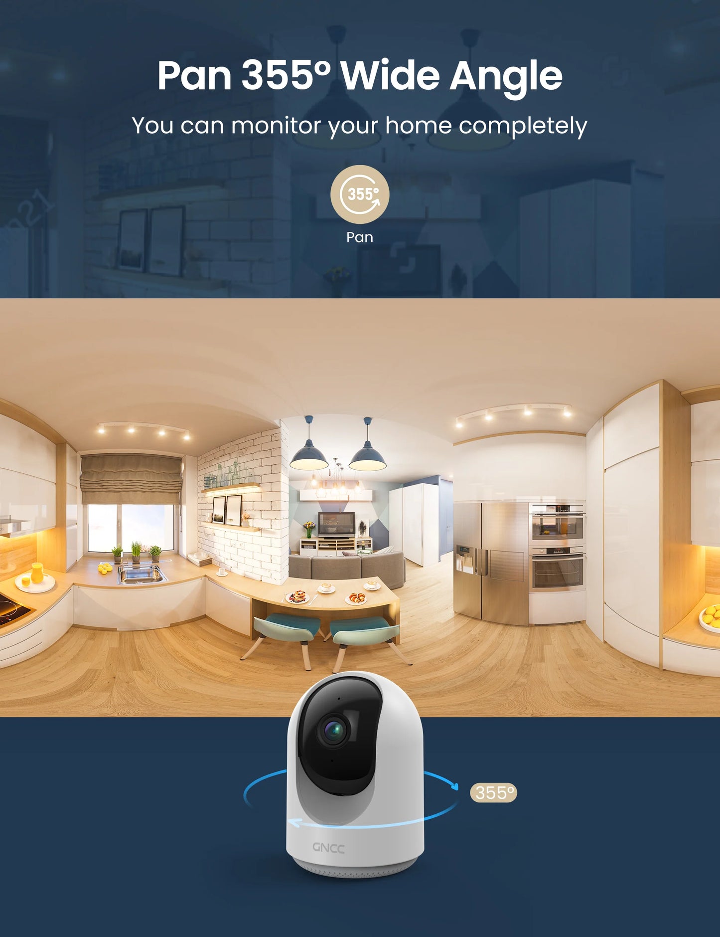 Indoor Security Camera, 1080P, 360°APP Pan, Motion Detection, 2-Way Audio, Alerts, Cloud, Alexa