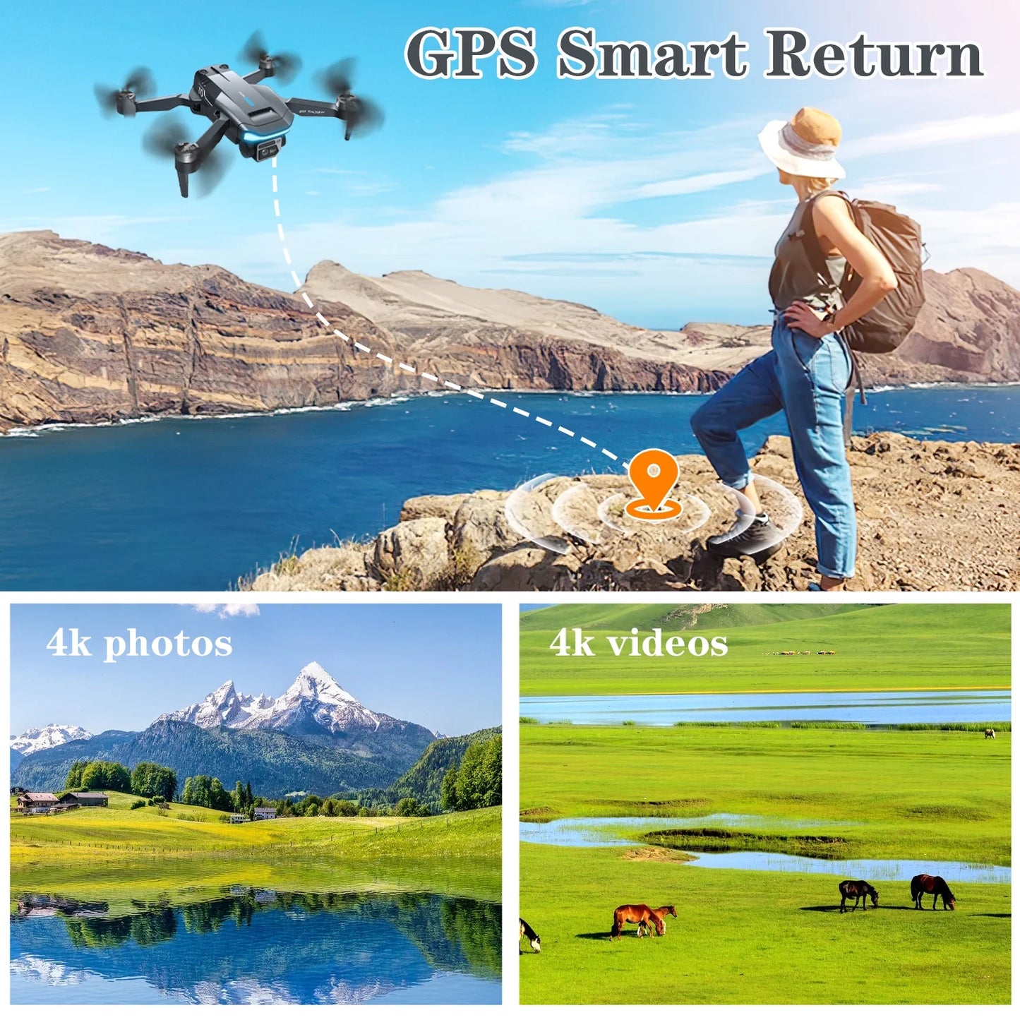 GPS Drones with Camera for Adults, F194 1080HD Foldable Lightweigh Drones Quadcopter for Beginner and Adults, Follow Me, 2 Battery.