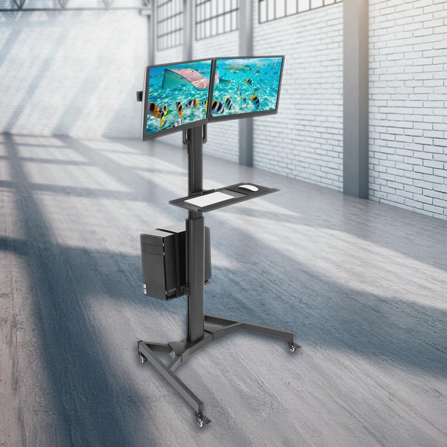 Adjustable Computer Cart, Rolling Computer Desk with Dual Monitors for Screens up to 32", Mobile Desk Workstation with Keyboard Mouse Tray and CPU Holder - Office, Medical, School, Hospital