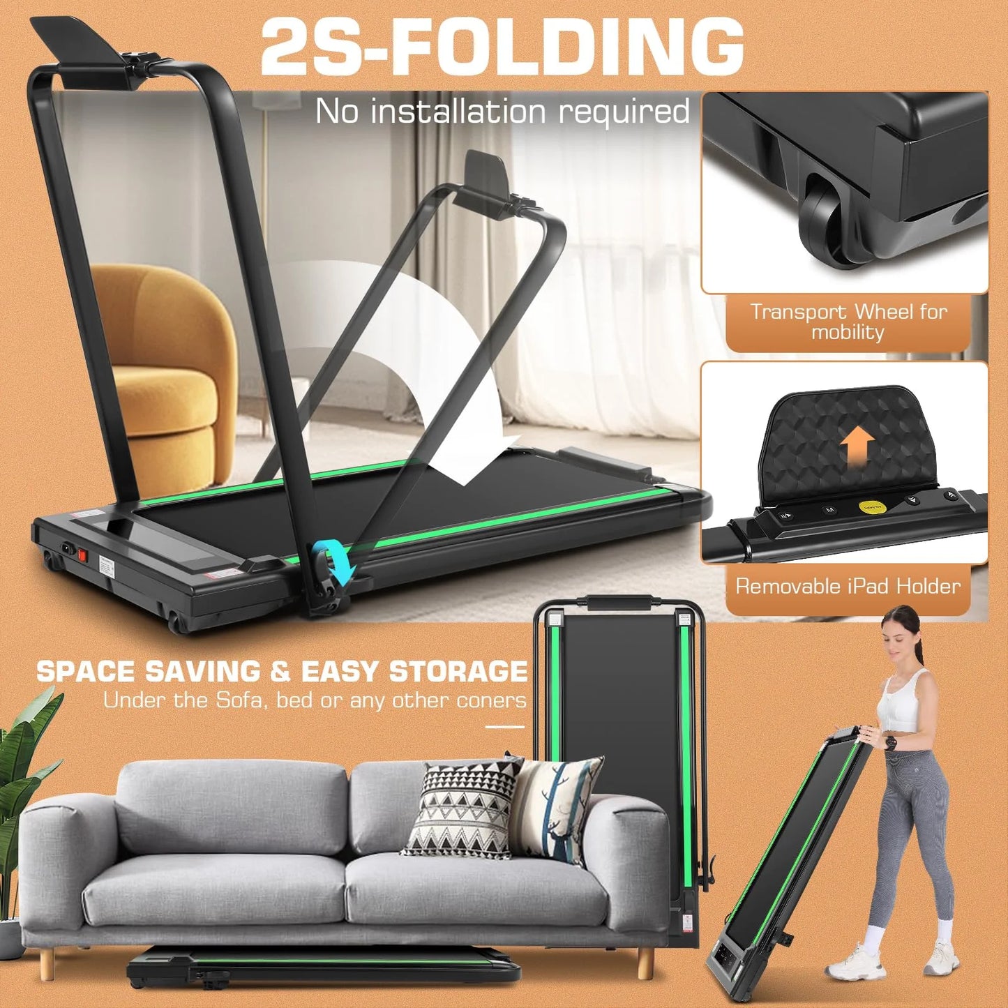 2 in 1 under Desk Folding Treadmill with 250 Lb Capacity, Walking Pad/Compact Electric Treadmill for Home/Gym/Office with LED Touch Screen, Remote Watch, Speed Range 0.6-7.5 Mph