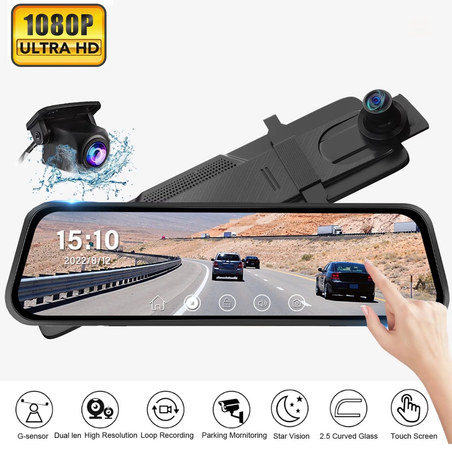 Rear View Mirror Camera, Dash Cam Front and Rear Full Touch Screen FHD 1080P for Car , Waterproof Backup WDR Camera, Night Vision, G-Sensor, Parking Moniter