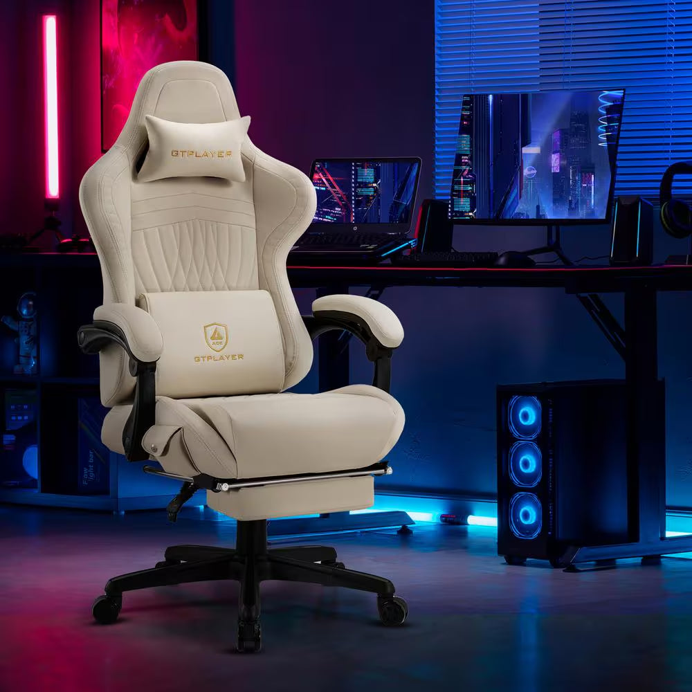Gaming Chair with Dual Bluetooth Faux Leather Computer Chair with Footrest Ergonomic Computer Seat, Ivory