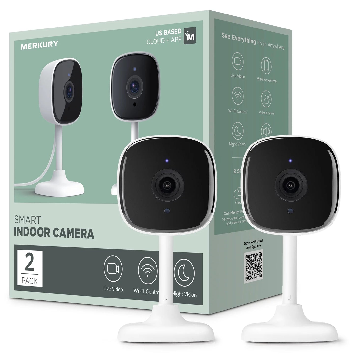 1080P Smart Indoor Security Camera with Voice Control - 2.4 Ghz Wi-Fi (2 Pack), White