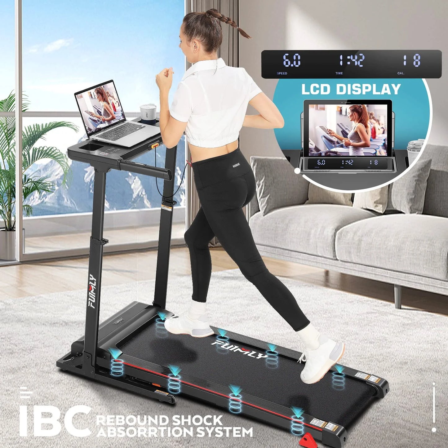 33-50" Adjustable Height Treadmill with Desk, 300 LBS Weight Capacity, Folding Treadmill with Incline, Bluetooth Speaker & App, 64 Training Program Exercise Treadmills for Home Office