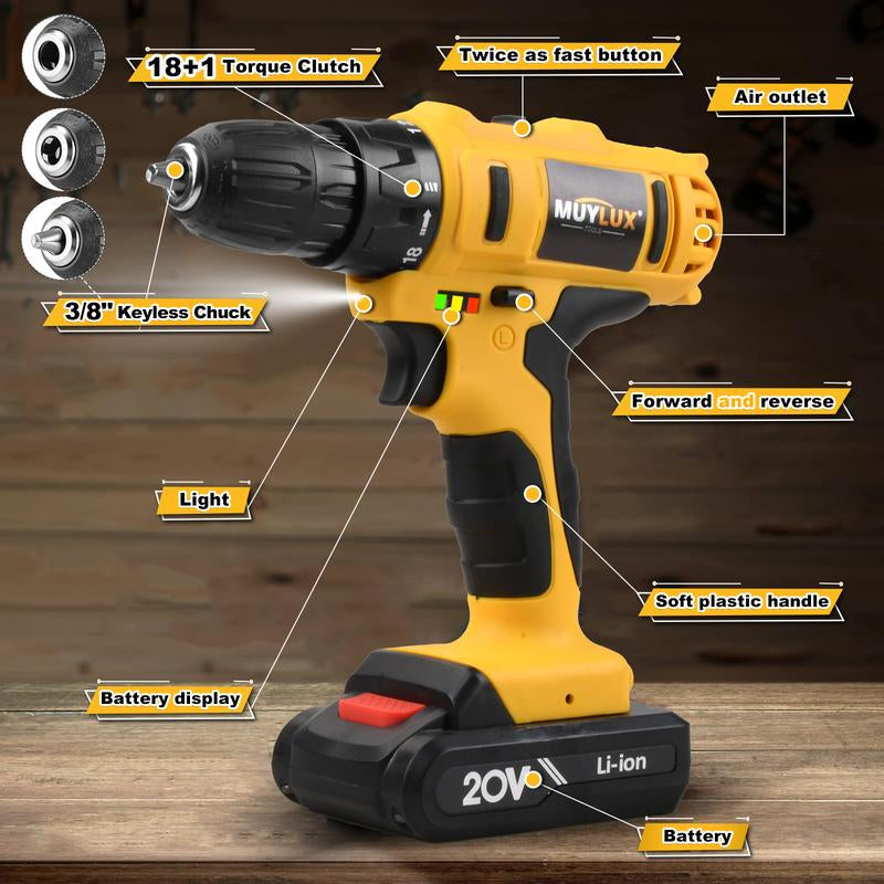 MUYLUX 20V Cordless Drill Set, 18+1 Torque Settings Electric Drill ,3/8 Inch Keyless Chuck, 2-Speed Level for Home Screwdriving and Drilling