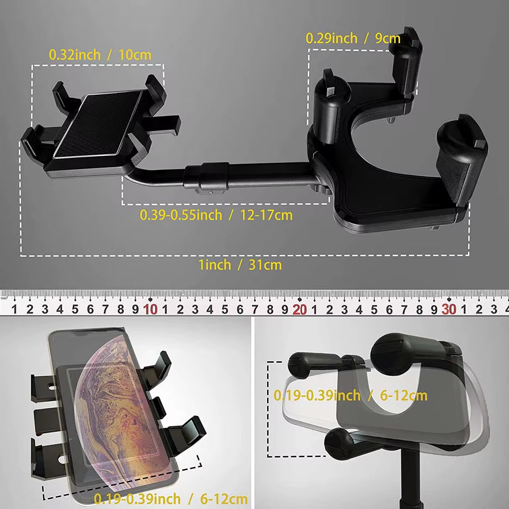 360-Degree Rotating Car Phone Holder for Rearview Mirror - Multifunctional GPS Navigation Support