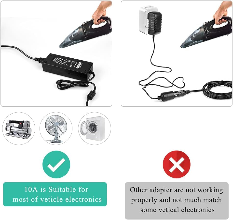 AC to DC Converter 10A 110-220V 12V Car Cigarette Lighter Socket Power Adapter for Car Vacuum Tire Inflator and Other Car Devices under 120W