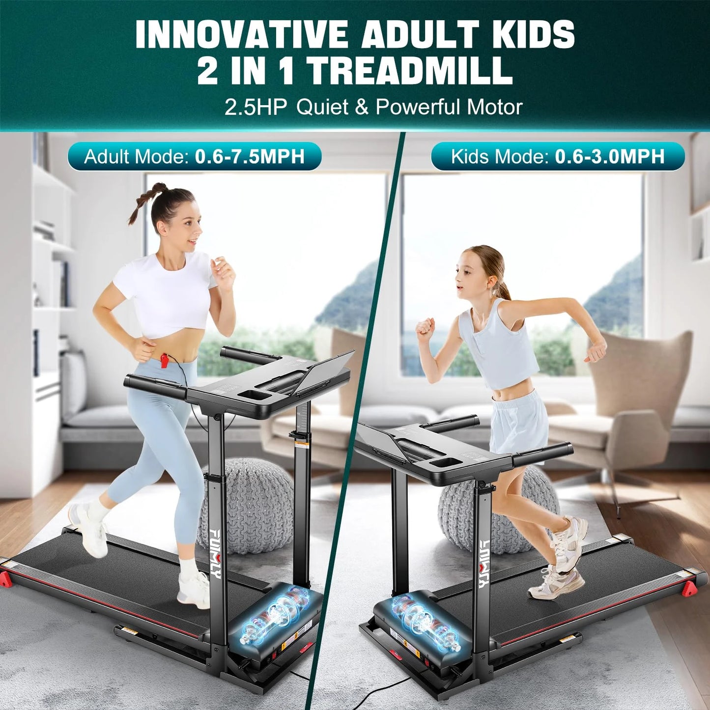 33-50" Adjustable Height Treadmill with Desk, 300 LBS Weight Capacity, Folding Treadmill with Incline, Bluetooth Speaker & App, 64 Training Program Exercise Treadmills for Home Office