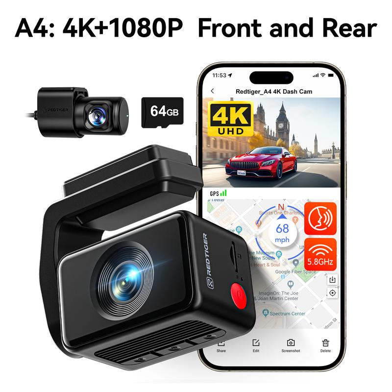 Redtiger F17 4K 3-Channel Dashcam + Hardwire Kit Double-4 Fuses with IR Night Vision & G-Sensor Emergency Recording Springtok