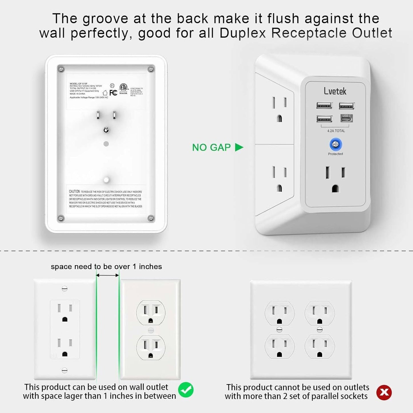 5 Outlet Surge Protector Wall Mountable Charger with 4 USB Ports - 1680J Multi P