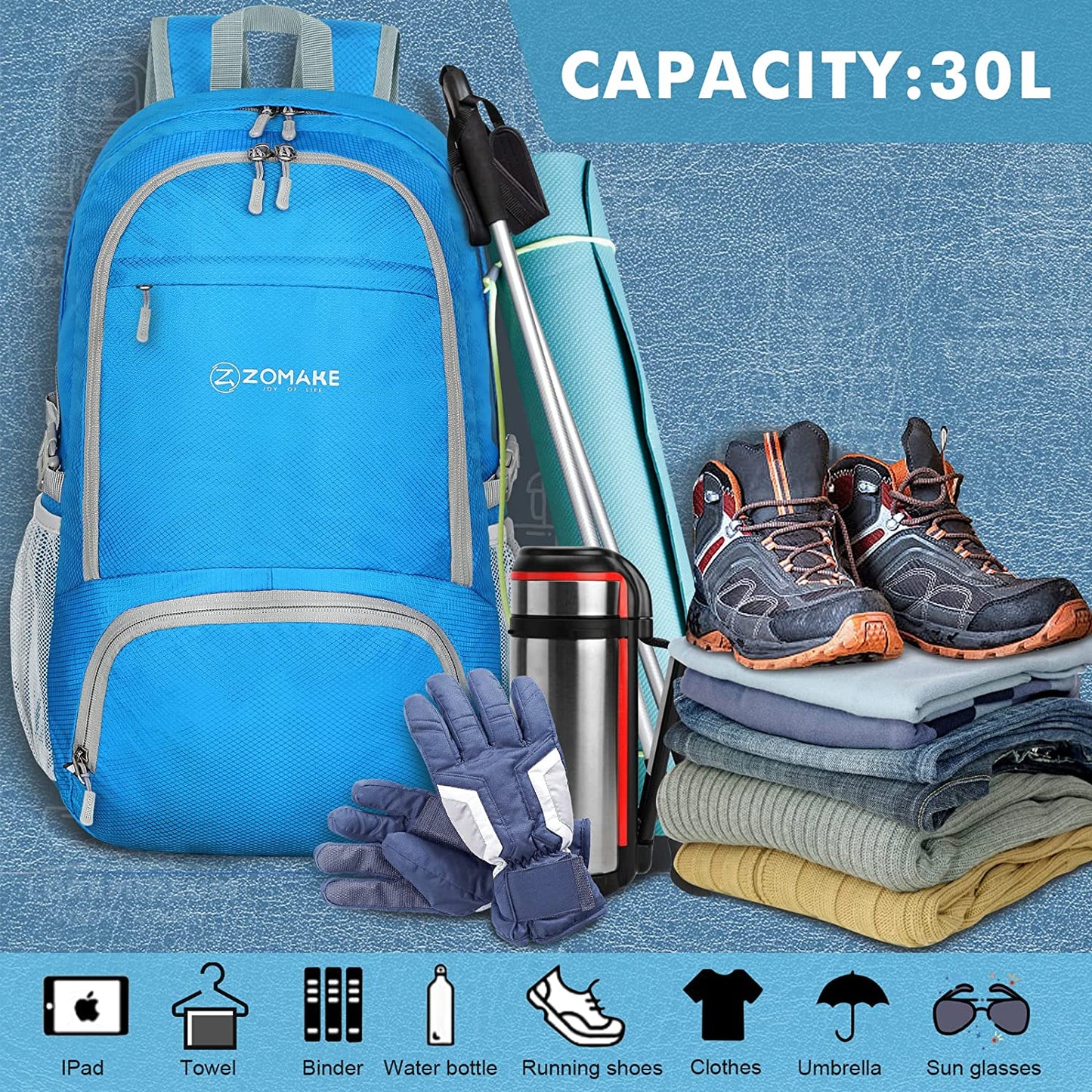 Lightweight Packable Backpack 30L, Foldable Hiking Backpacks Water Resistant Compact Folding Daypack for Travel(Light Blue)