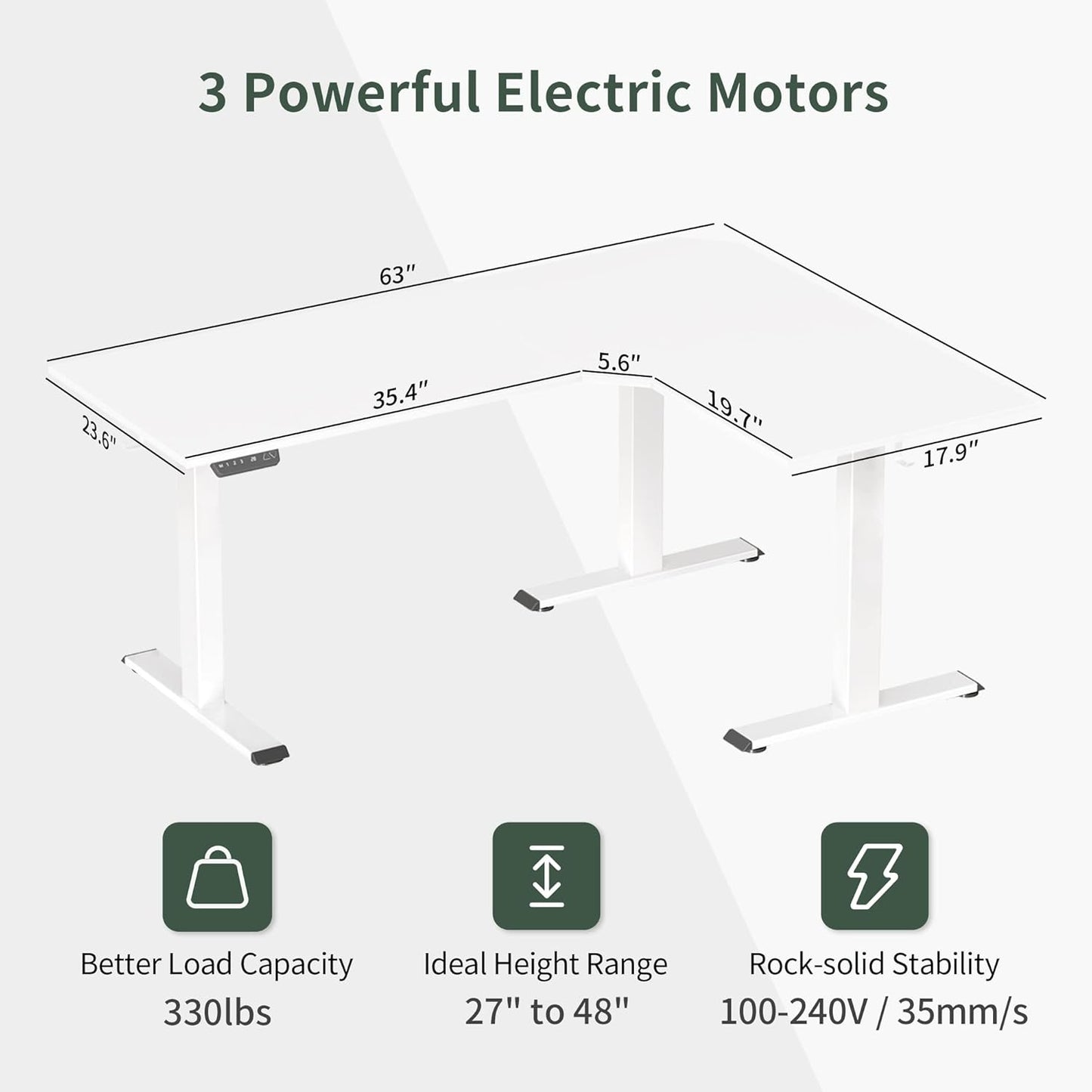 Triple Motor L-Shaped Electric Standing Desk, 63 Inches Height Adjustable Stand up Corner Desk, Sit Stand Workstation with Splice Board, White Frame/White Top