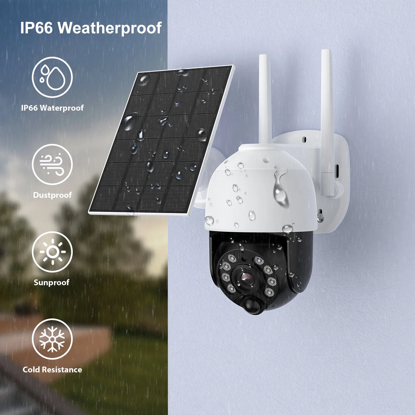 2K Solar Security Camera Outdoor, Security Camera Wireless Wifi with Spotlight, 4X Digital Zoom, 360° View, PIR Motion Detection, Full Color Night Vision, IP66 Waterproof, Two-Way Talk
