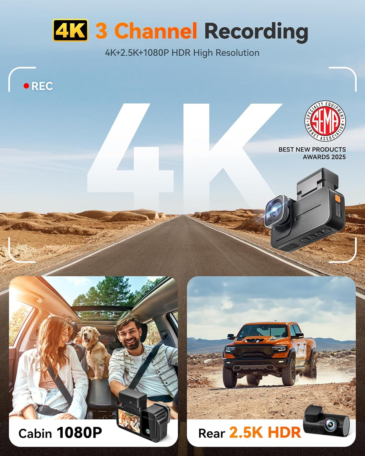 X5 3 Channel 4K Dash Cam, STARVIS 2 IMX678,4K+2.5K+1080P Front and Rear inside Triple Car Camera, Included 128GB Card, Voice Control, 5.8Ghz Wifi GPS, Touch Screen, Support 512GB Max