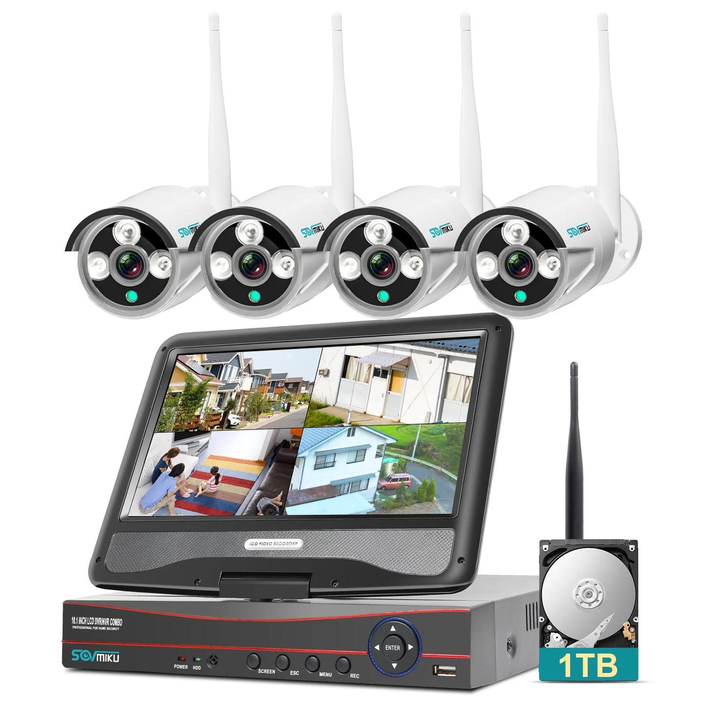 4Pcs 3MP Security Camera System with 10.1" Monitor, 1TB Hard Drive, Color Night Vision , IP66 Waterproof, Motion Alert
