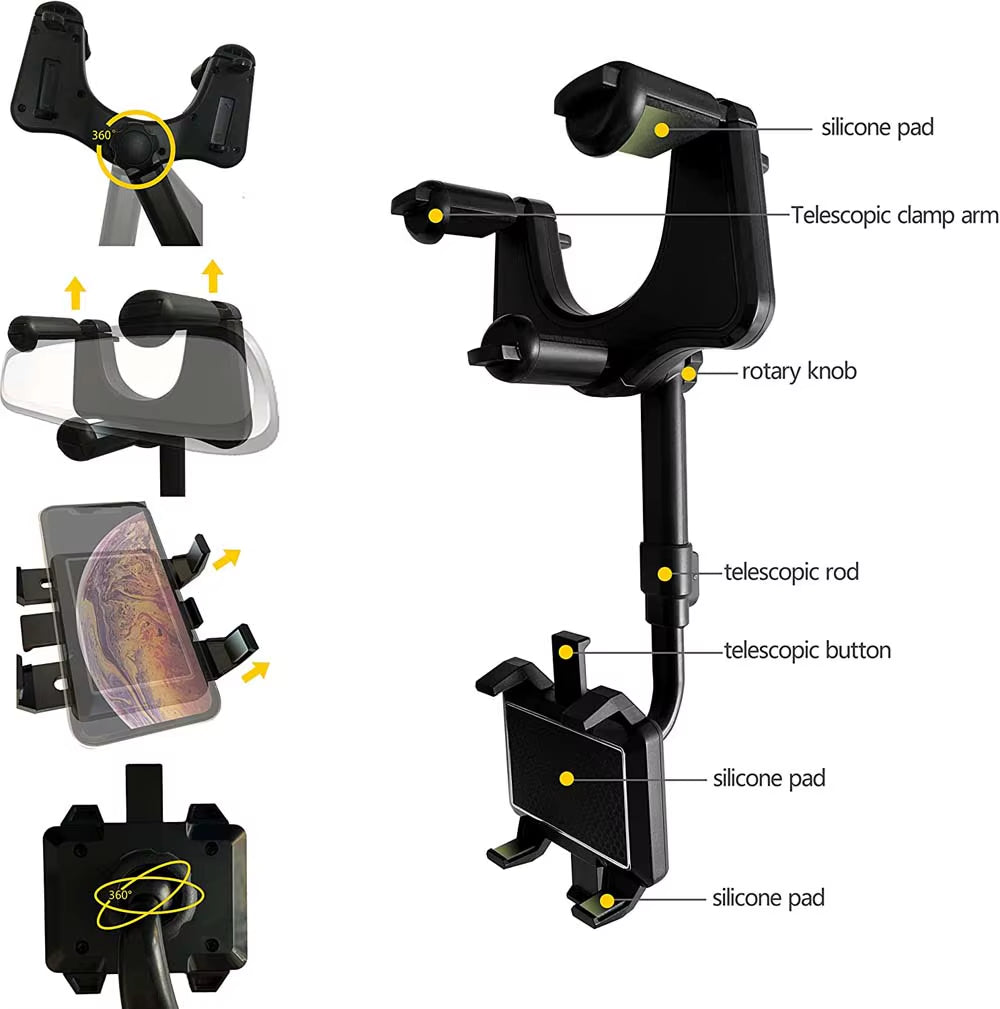 360-Degree Rotating Car Phone Holder for Rearview Mirror - Multifunctional GPS Navigation Support