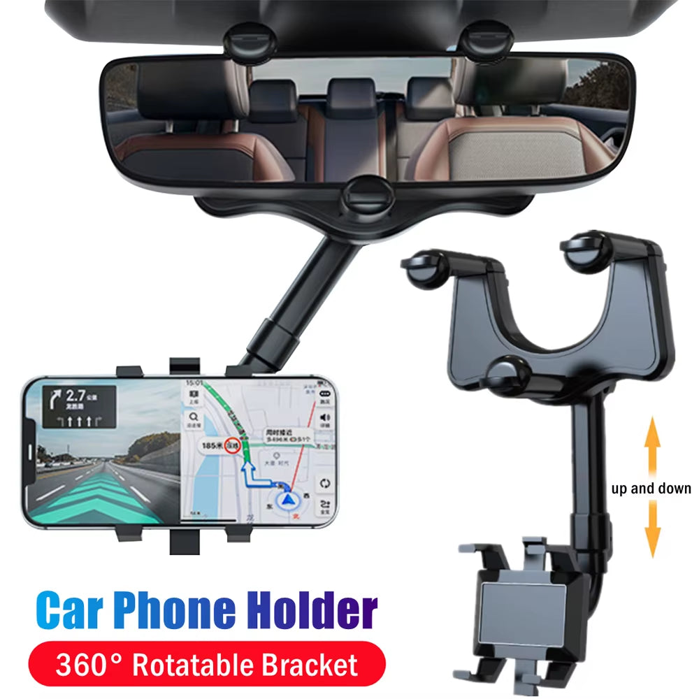 360-Degree Rotating Car Phone Holder for Rearview Mirror - Multifunctional GPS Navigation Support