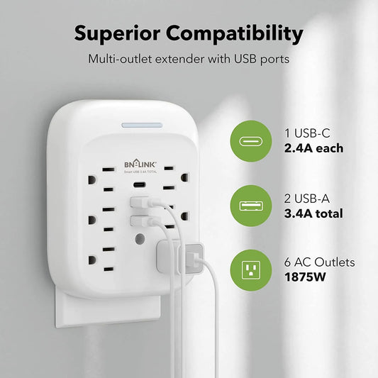 Surge Protector USB Wall Charger, 6 Outlet Extender with 3 USB Ports(Usb C), Surge Protector Multi Plug Outlet Expander, Wall Mount Power Strip for School, Travel, Office, Home, ETL Listed