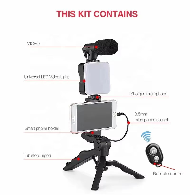 Smartphone Vlogging Kit: Tripod, Phone Holder, Mini Microphone, and LED Fill Light for TikTok Live Streaming and YouTube Videos
