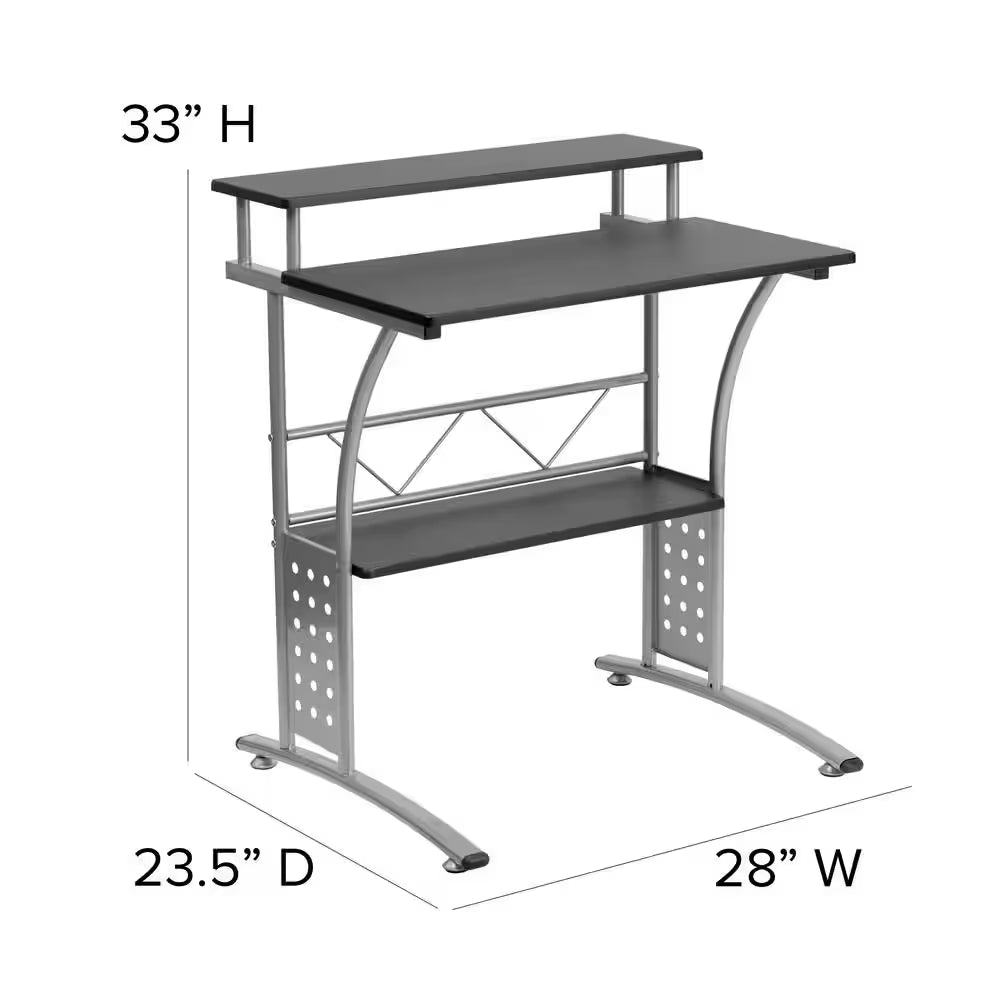 Black 28 In. W Clifton Modern Computer Desk with Top and Bottom Storage Shelves, Small Computer Desk for Home Office