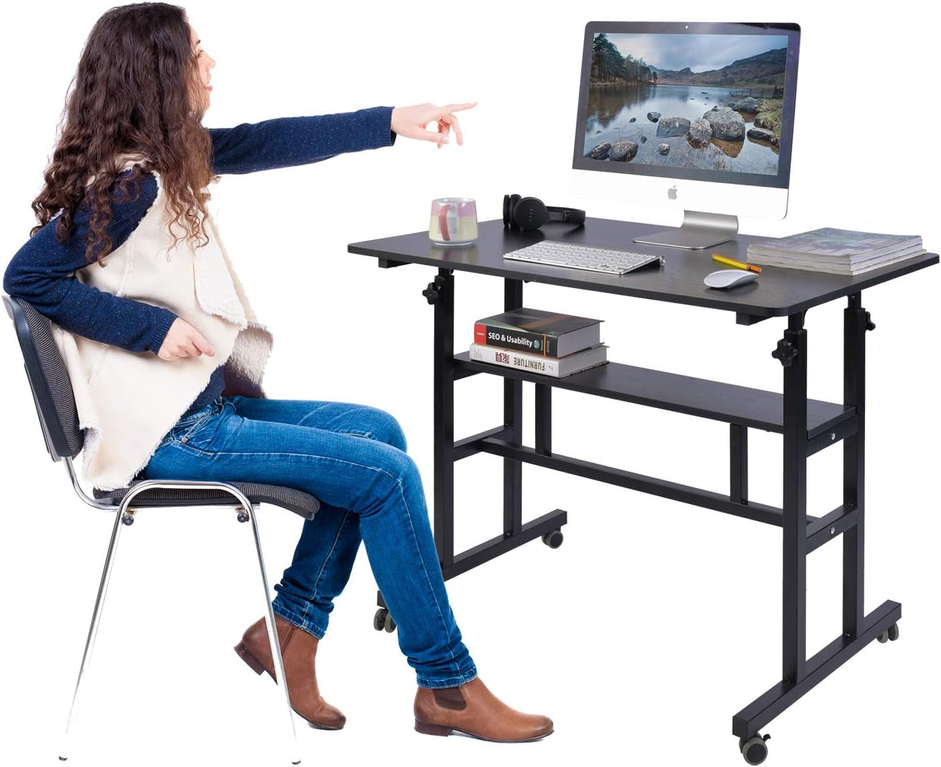 Mobile Standing Desk, Adjustable Computer Desk Rolling Laptop Cart on Wheels Home Office Computer Workstation, Portable Laptop Stand Tall Table for Standing or Sitting, Black, 39.4" X 23.6"