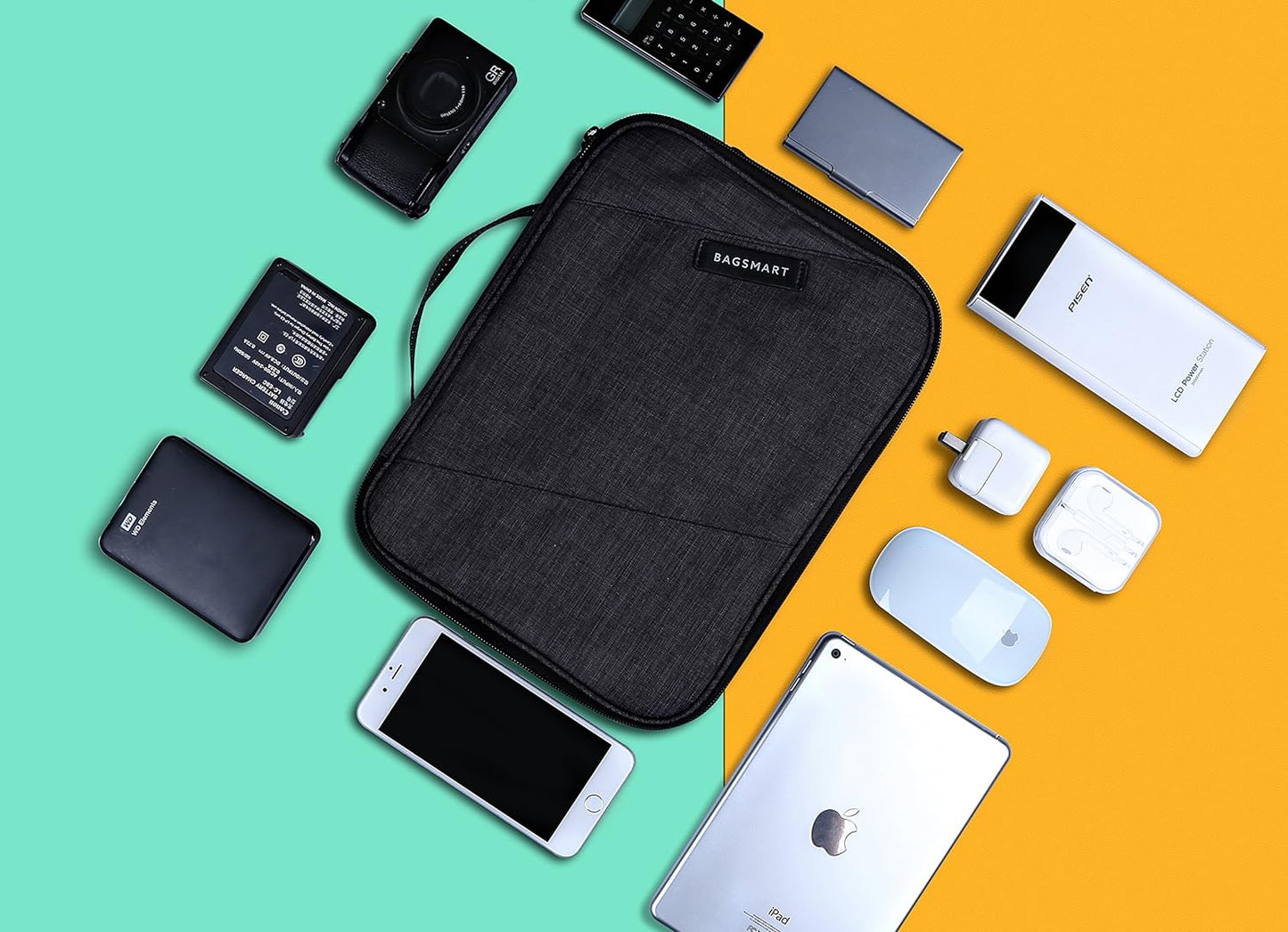 Electronic Organizer, Accessories Organizer Travel Double Layer Electronics Bag Large for 10.5 Inch Ipad Pro, Adapter, Cables, Black