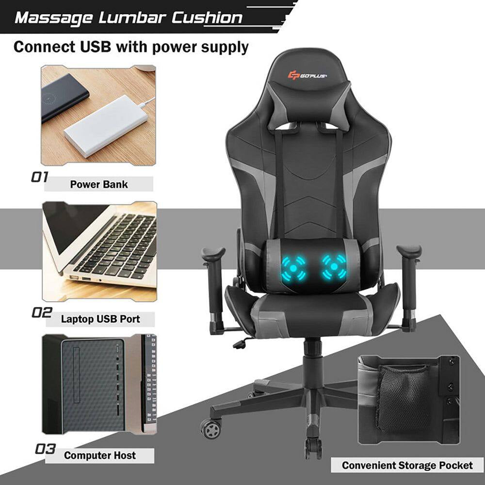 Gray Faux Leather Ergonomic Reclining Swivel Massage Gaming Computer Chair with Comfy Lumbar Support