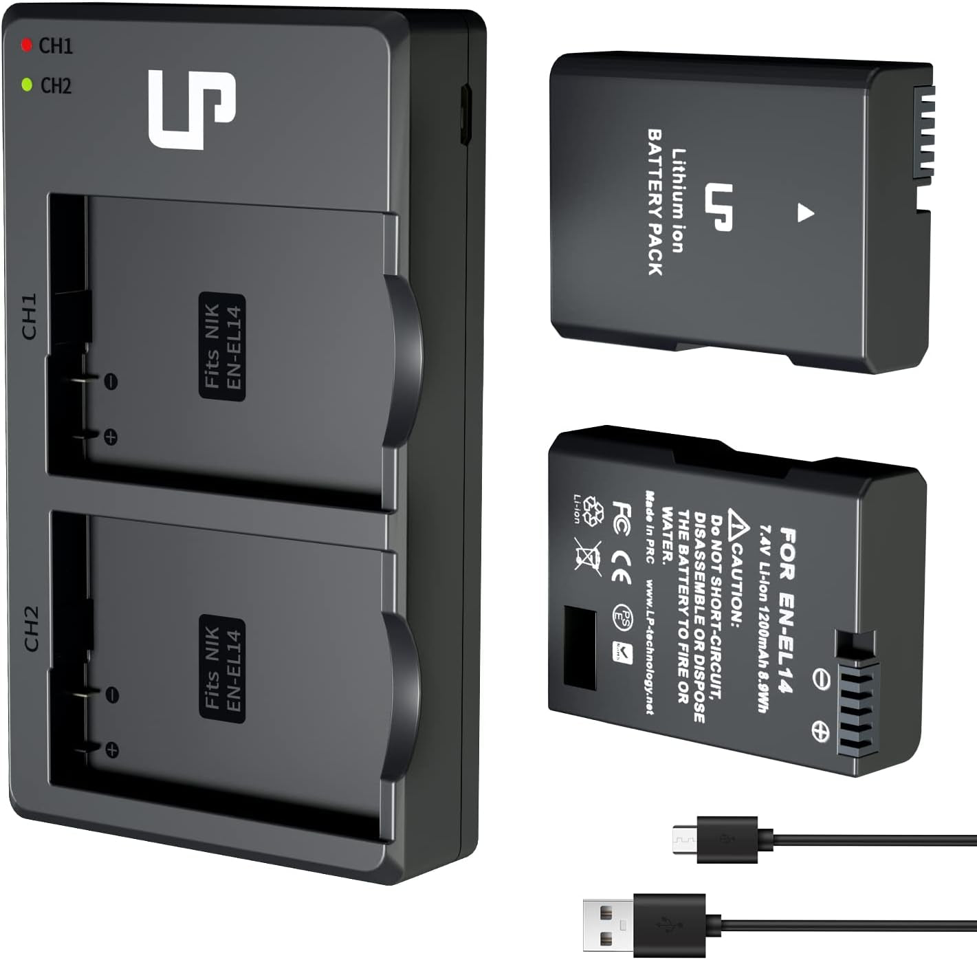 EN-EL14 EN El14A Battery Charger Pack, 2-Pack 1200Mah Battery & Dual Slot Charger, Compatible with Nikon D3100 D3200 D3300 D3400 D3500 D5100 D5200 D5300 D5500 D5600 DF P7000 P7100 P7700 P7800