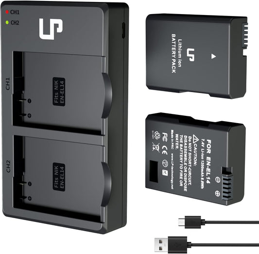 EN-EL14 EN El14A Battery Charger Pack, 2-Pack 1200Mah Battery & Dual Slot Charger, Compatible with Nikon D3100 D3200 D3300 D3400 D3500 D5100 D5200 D5300 D5500 D5600 DF P7000 P7100 P7700 P7800