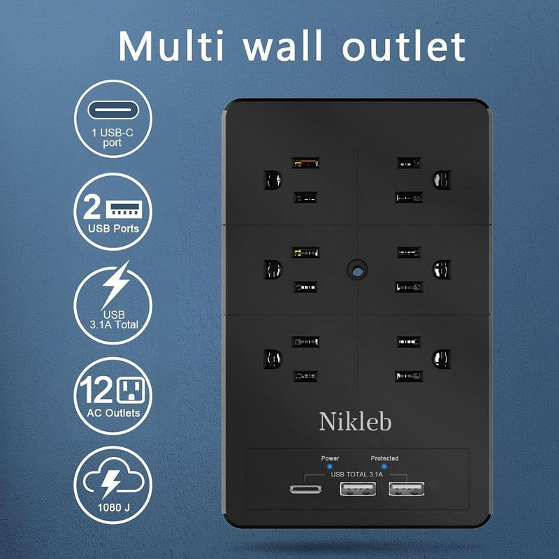 Multi Plug Outlet Extender, Surge Protector 12 Outlets, Wall Plug with 2 Usb+Type C, Outlet Splitter Heavy Duty for Home, Office, Garage Improvement