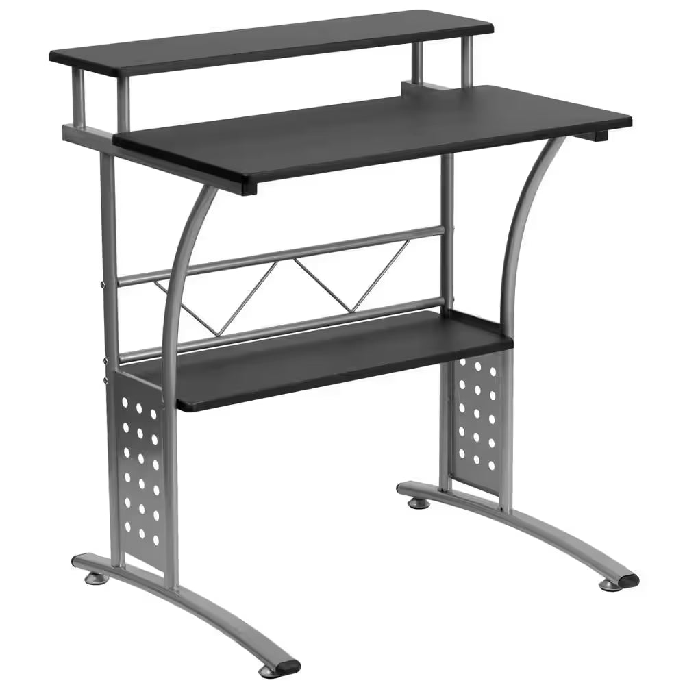 Black 28 In. W Clifton Modern Computer Desk with Top and Bottom Storage Shelves, Small Computer Desk for Home Office