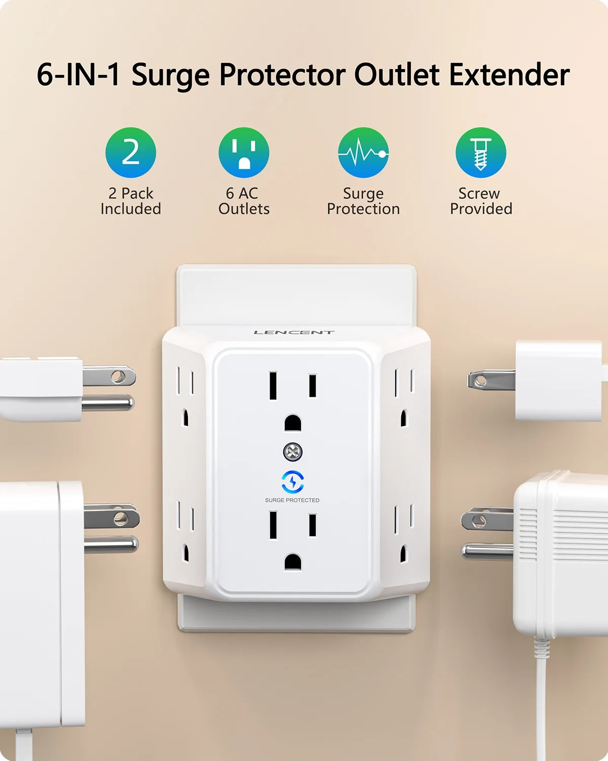 Multi Wall Plug Outlet Extender,6 Way Outlet Adapter with Surge Protector,2 to 3 Prong 6 AC Power Outlet Splitter Wall Tap for Home Office 2 PACK
