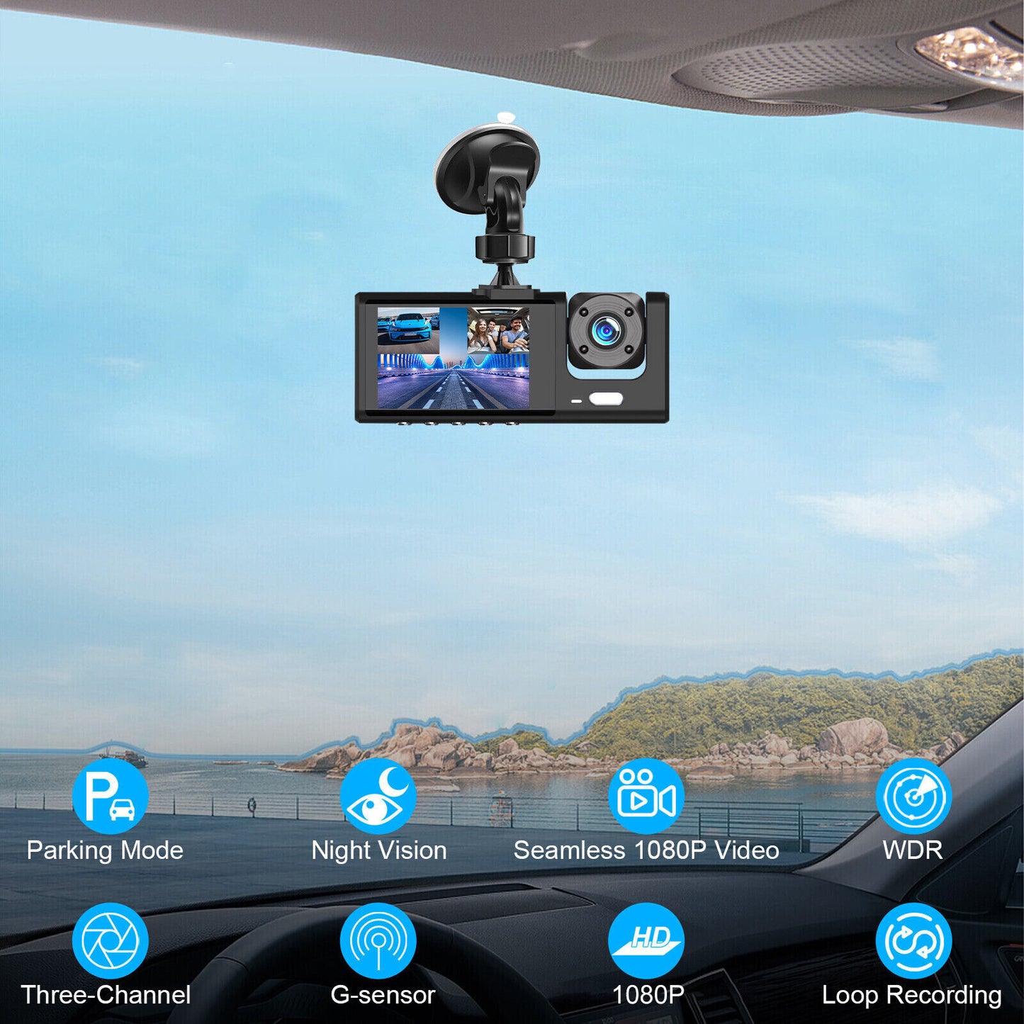 3 Lens Car DVR Dash Cam 1080P Front/Inside/R