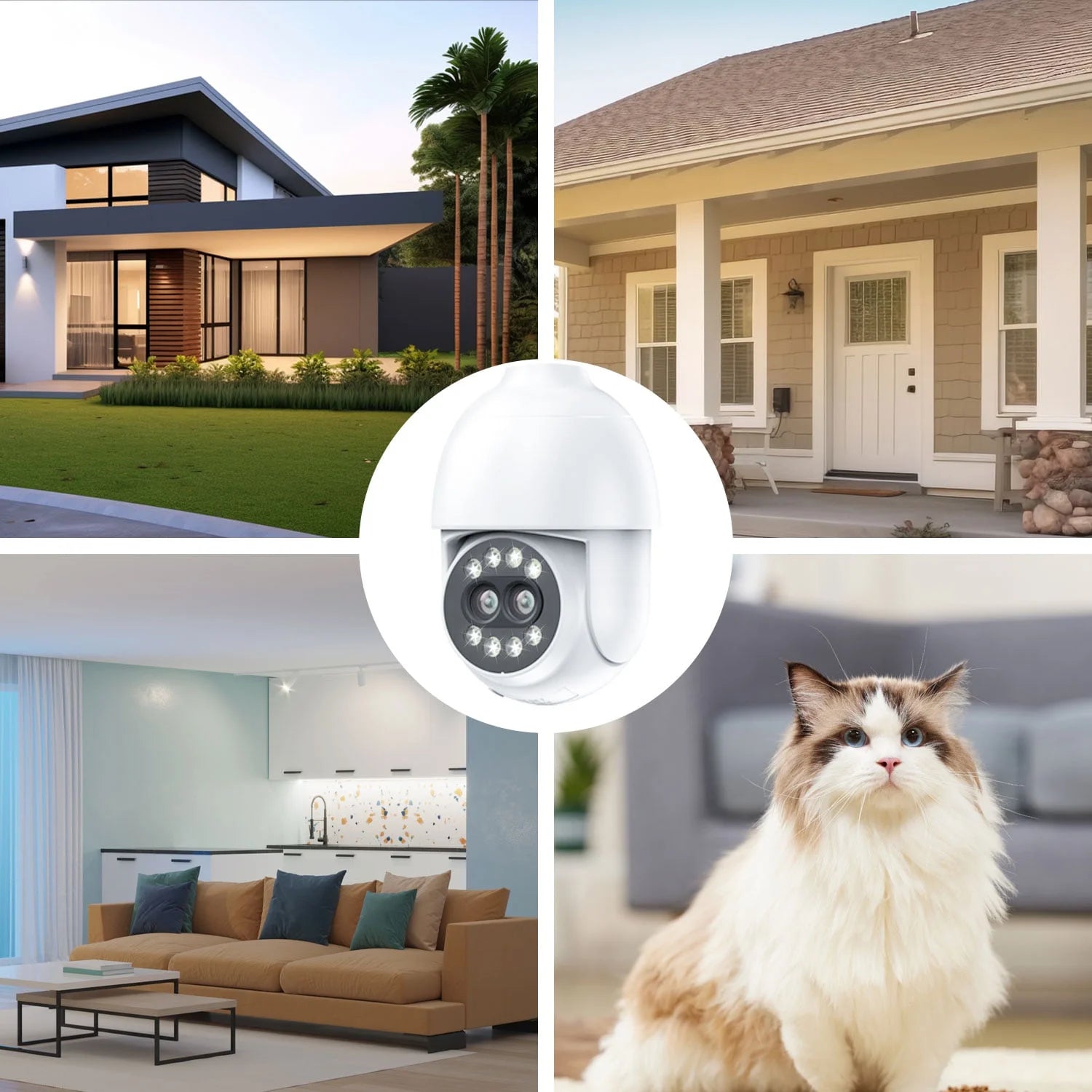 Light Bulb Camera, 4MP Outdoor Surveillance Camera with 360°PTZ, Dual Lens, Full Color Night Vision, White, 1
