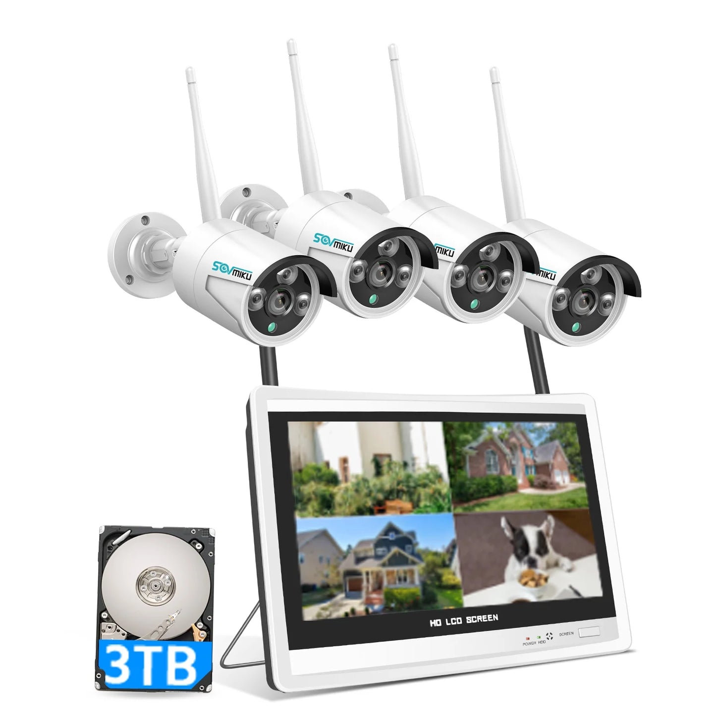 4Pcs 3MP Security Camera System with 12.1" Monitor, 3TB Hard Drive, Color Night Vision , IP66 Waterproof, Motion Alert