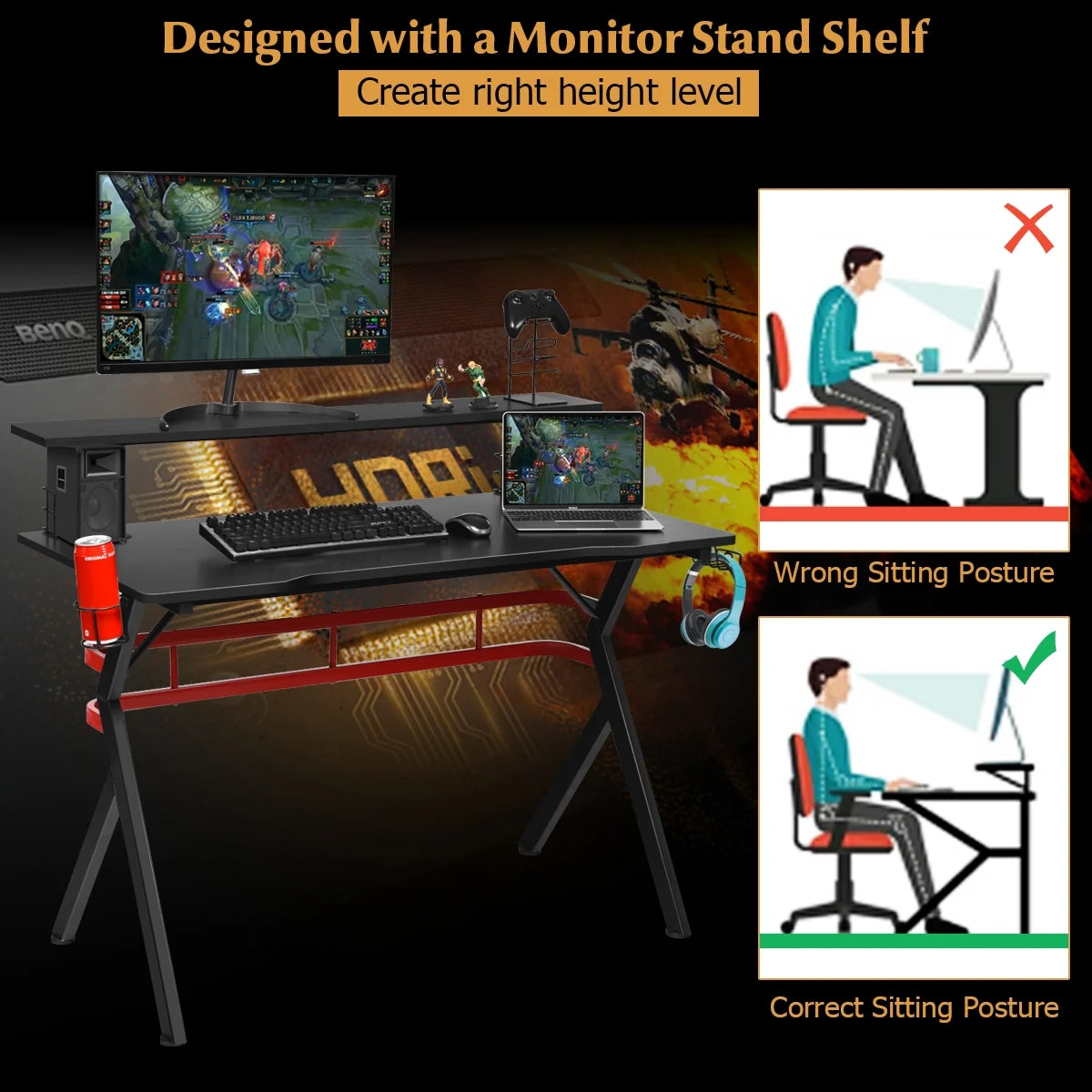Gaming Computer Desk W/ Monitor Shelf & Storage for Controller Headphone Speaker