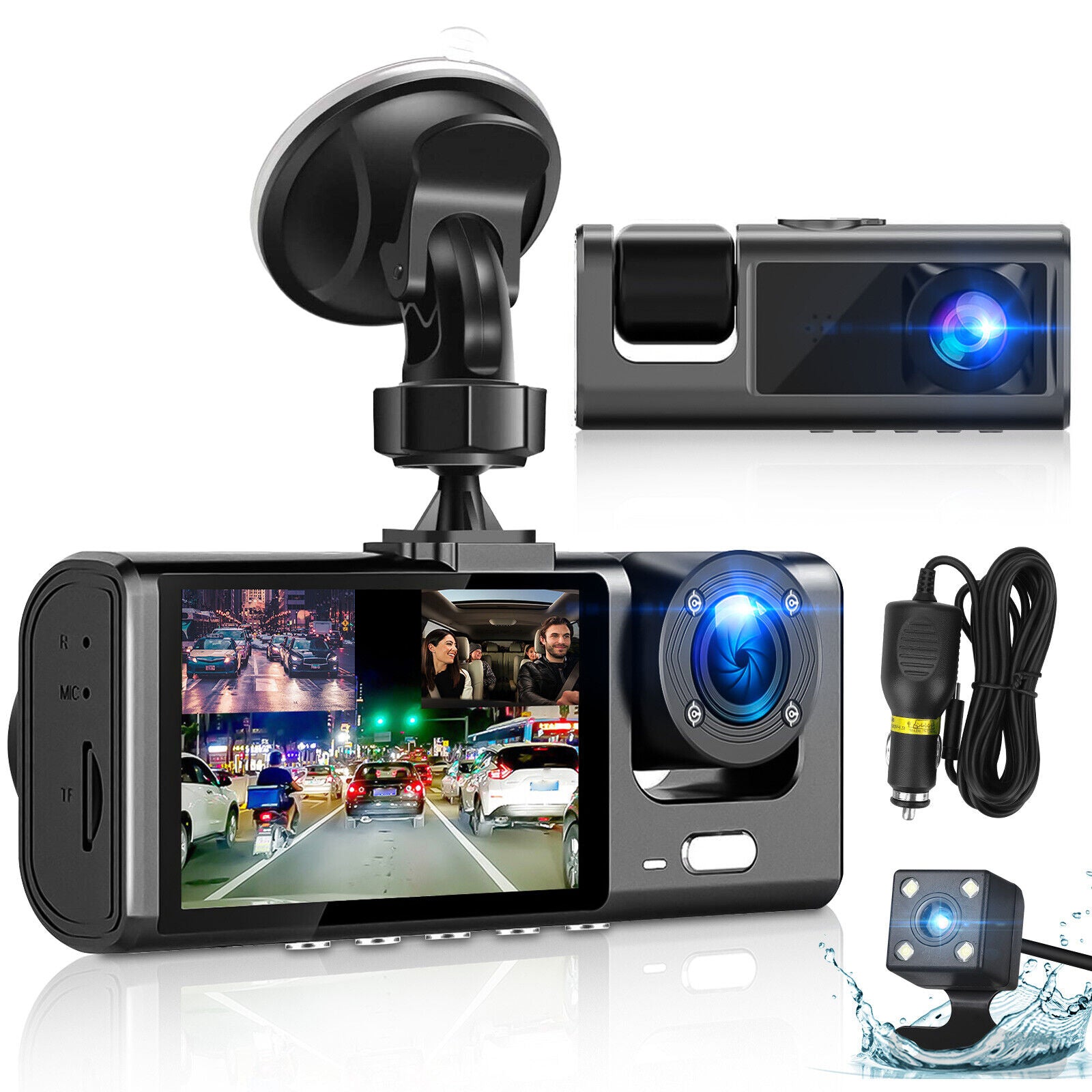 3 Lens Car DVR Dash Cam 1080P Front/Inside/R
