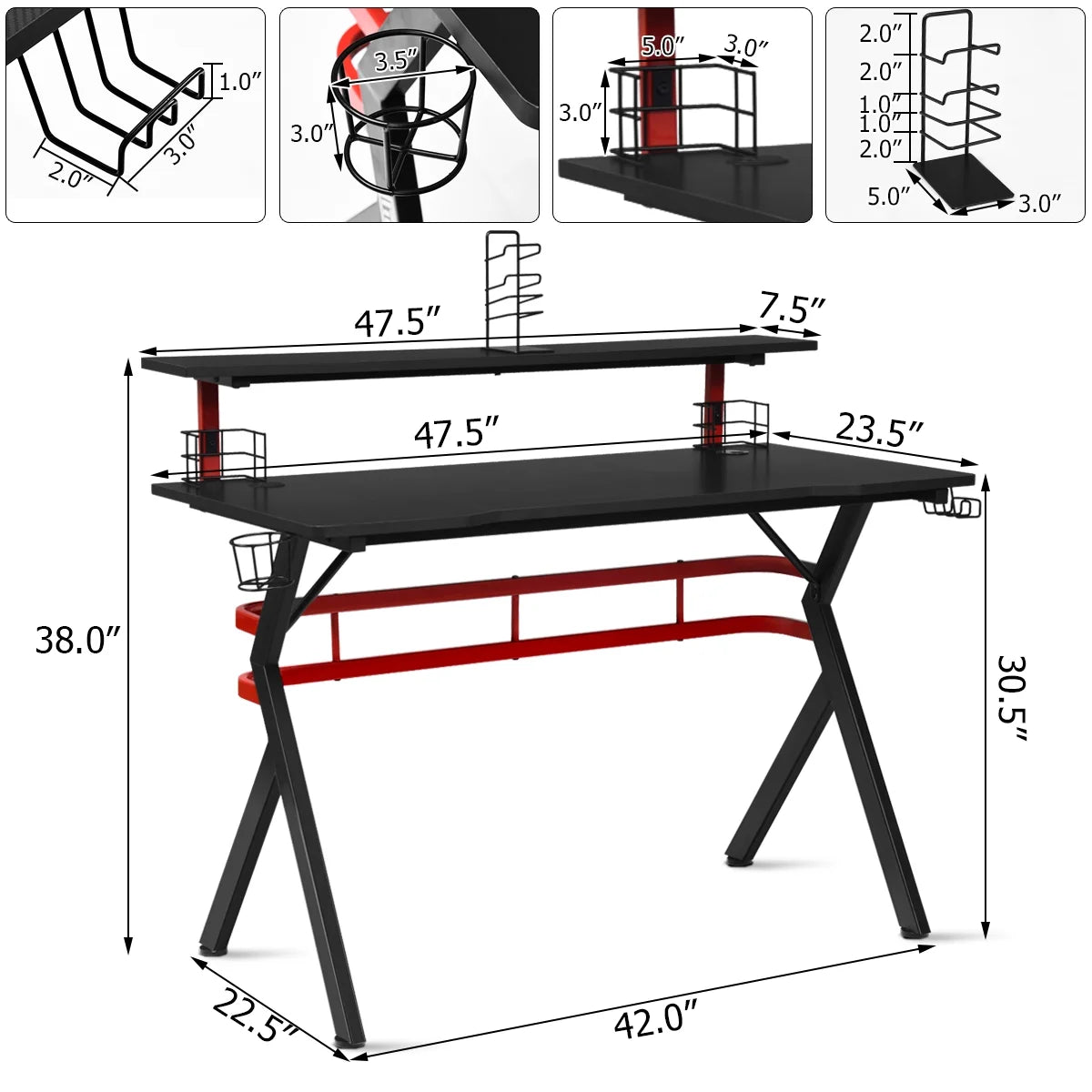 Gaming Computer Desk W/ Monitor Shelf & Storage for Controller Headphone Speaker