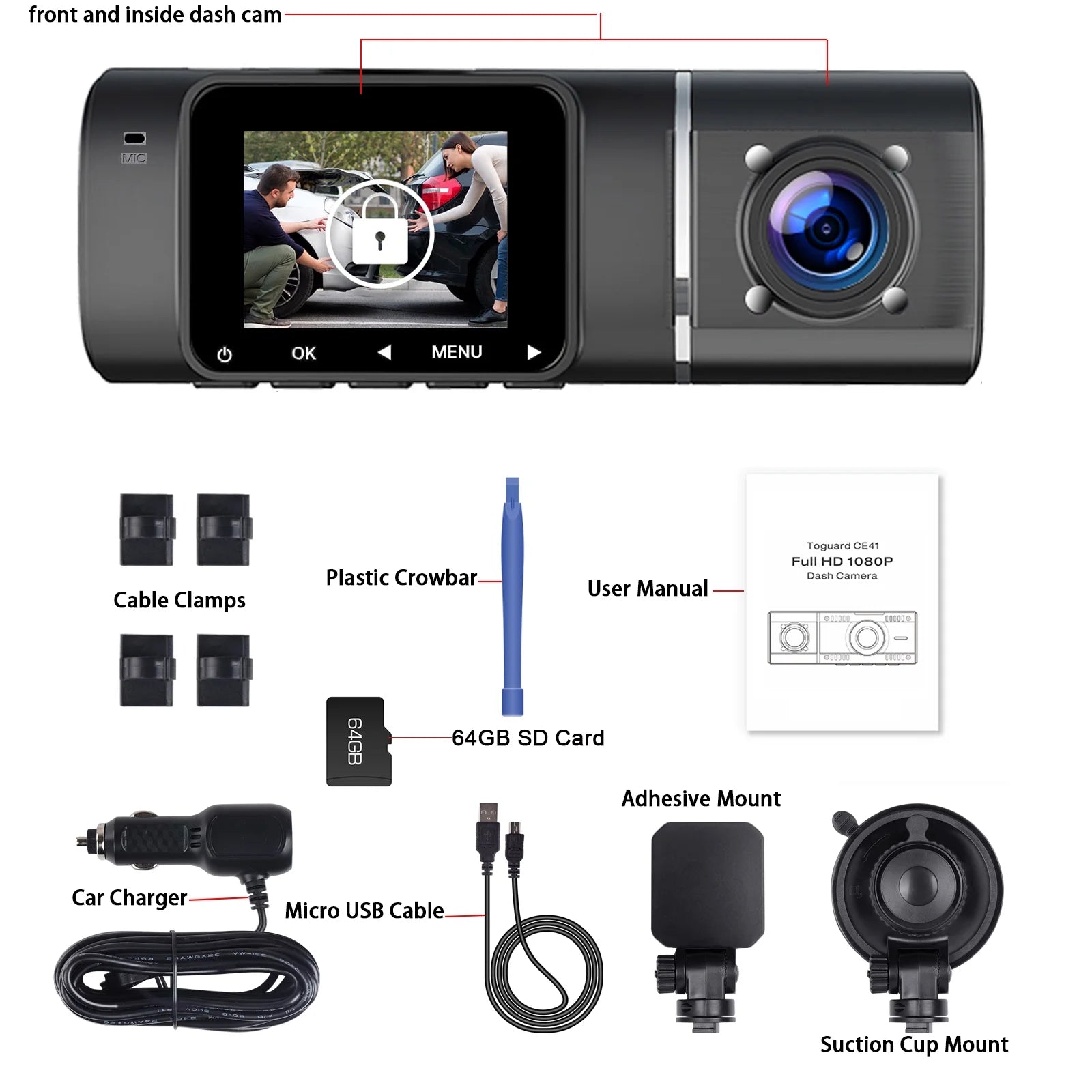 Dual Dash Cam Front and inside 1080P Dashcam for Cars with 64GB SD Card IR Night Vision Car Camera for Taxi Vehicle Accident Lock Parking Monitor