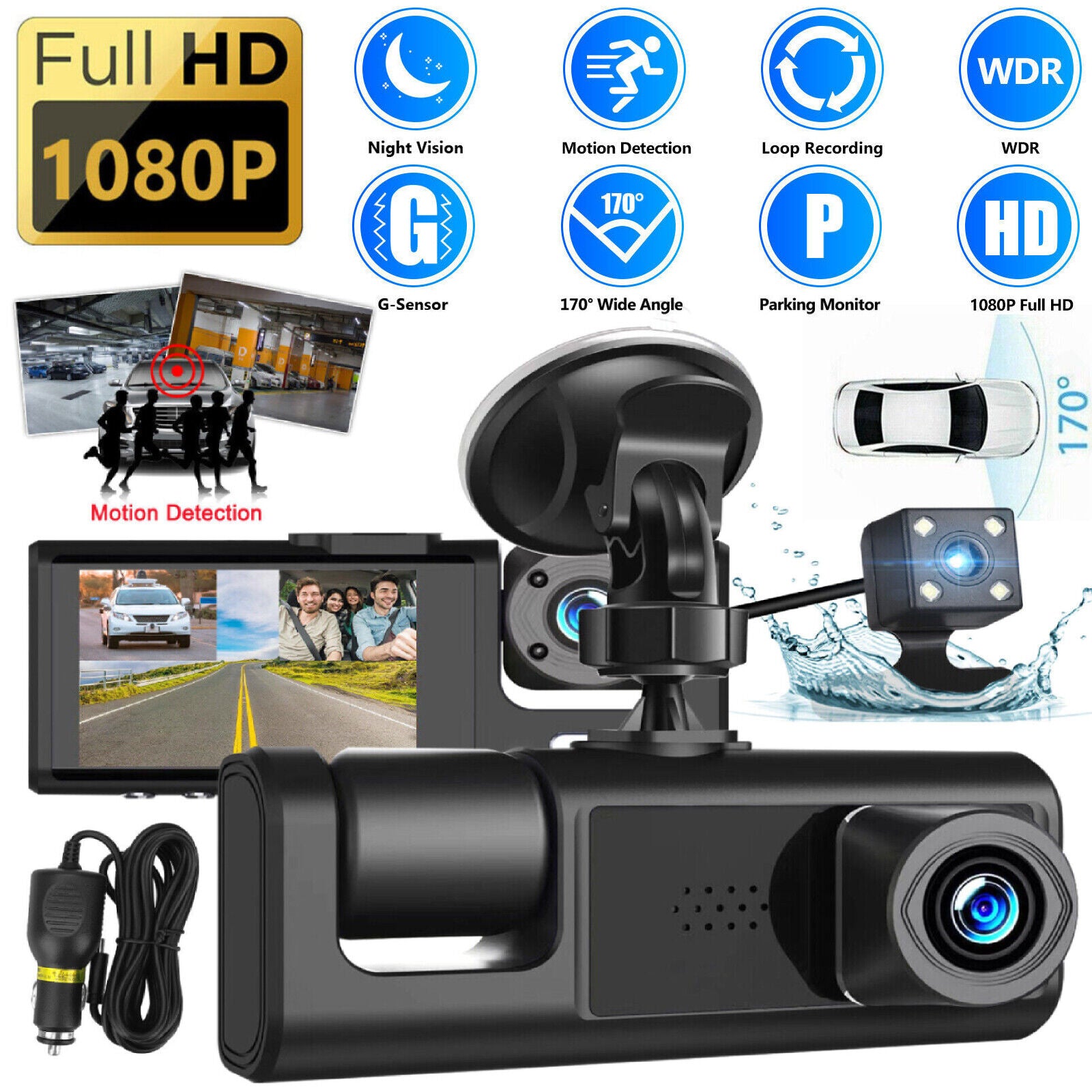 3 Lens Car DVR Dash Cam 1080P Front/Inside/R